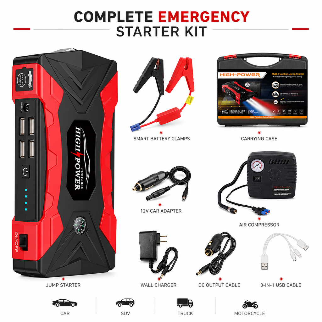 Fuente de Arranque de Emergencia para Auto | Jump Starter Portátil con Bomba de Aire