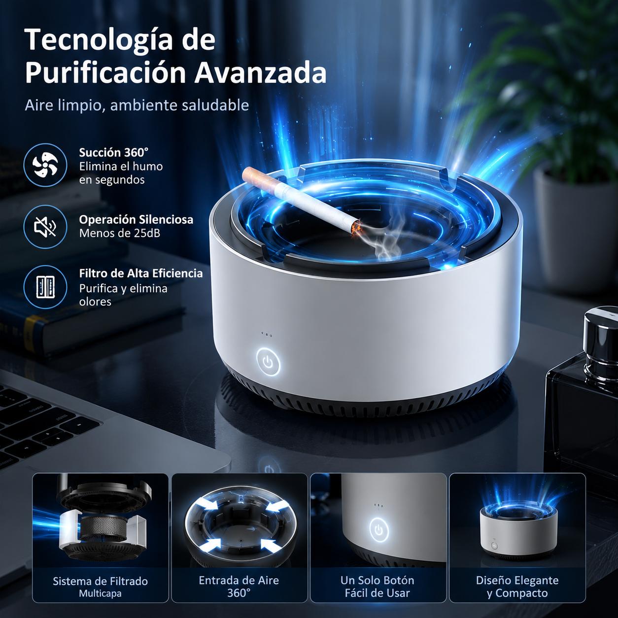 Cenicero Inteligente Sin Humo 360° – Elimina Malos Olores y Purifica el Aire | Para Hogar y Auto
