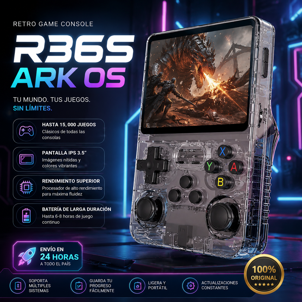 R36S Consola Retro Portátil | Arkos 2.0 | 20,000+ Juegos | 64GB / 128GB