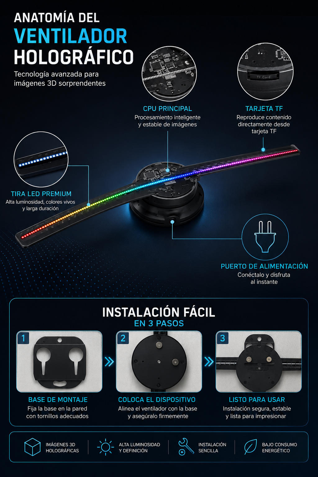 Ventilador Holográfico 3D 42CM | Proyector HD | Publicidad y Eventos | WiFi + App