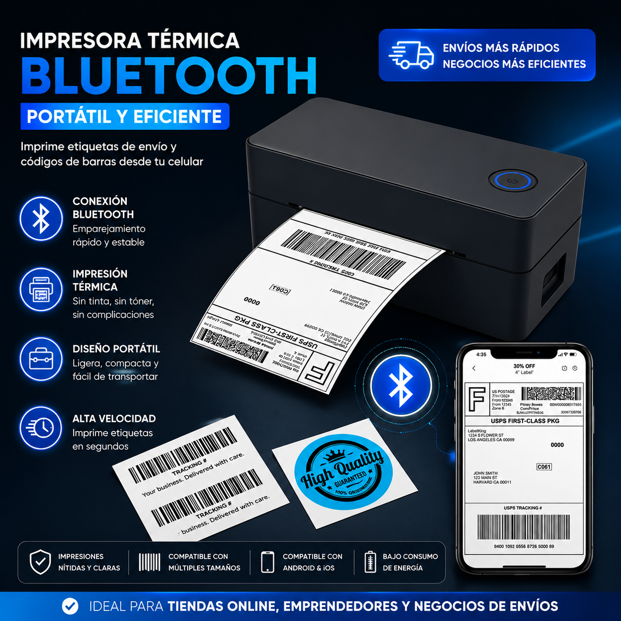 Impresora Térmica de Etiquetas 4×6 | Bluetooth + USB | iOS, Android, Mac, Windows