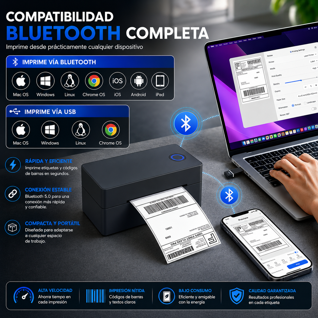Impresora Térmica de Etiquetas 4×6 | Bluetooth + USB | iOS, Android, Mac, Windows