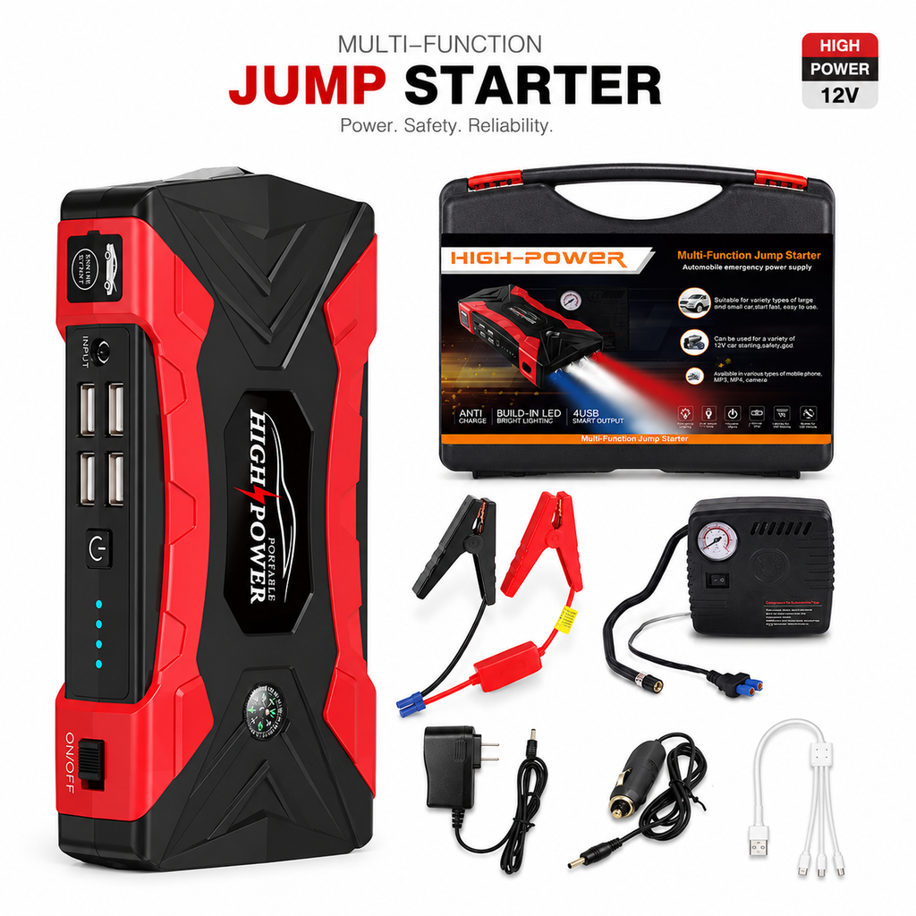 Fuente de Arranque de Emergencia para Auto | Jump Starter Portátil con Bomba de Aire