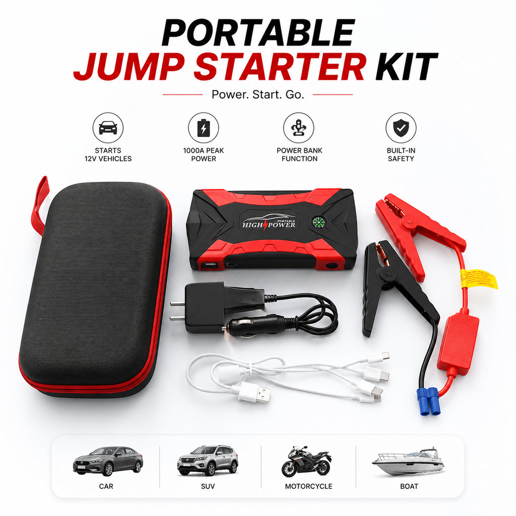Fuente de Arranque de Emergencia para Auto | Jump Starter Portátil con Bomba de Aire