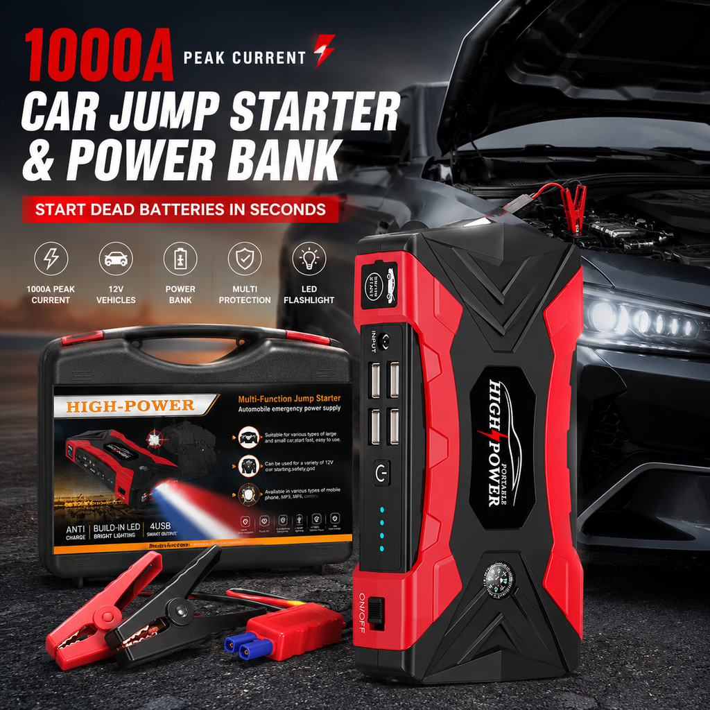 Fuente de Arranque de Emergencia para Auto | Jump Starter Portátil con Bomba de Aire