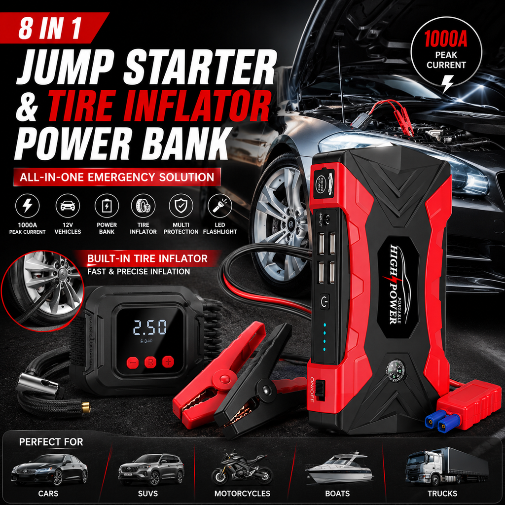 Fuente de Arranque de Emergencia para Auto | Jump Starter Portátil con Bomba de Aire