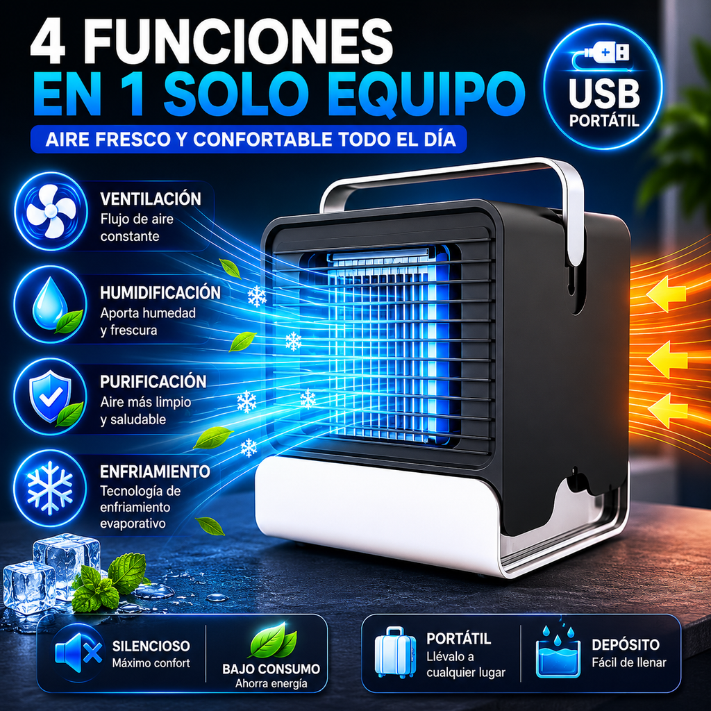 Mini Ventilador Enfriador USB con Iones Negativos 4 en 1