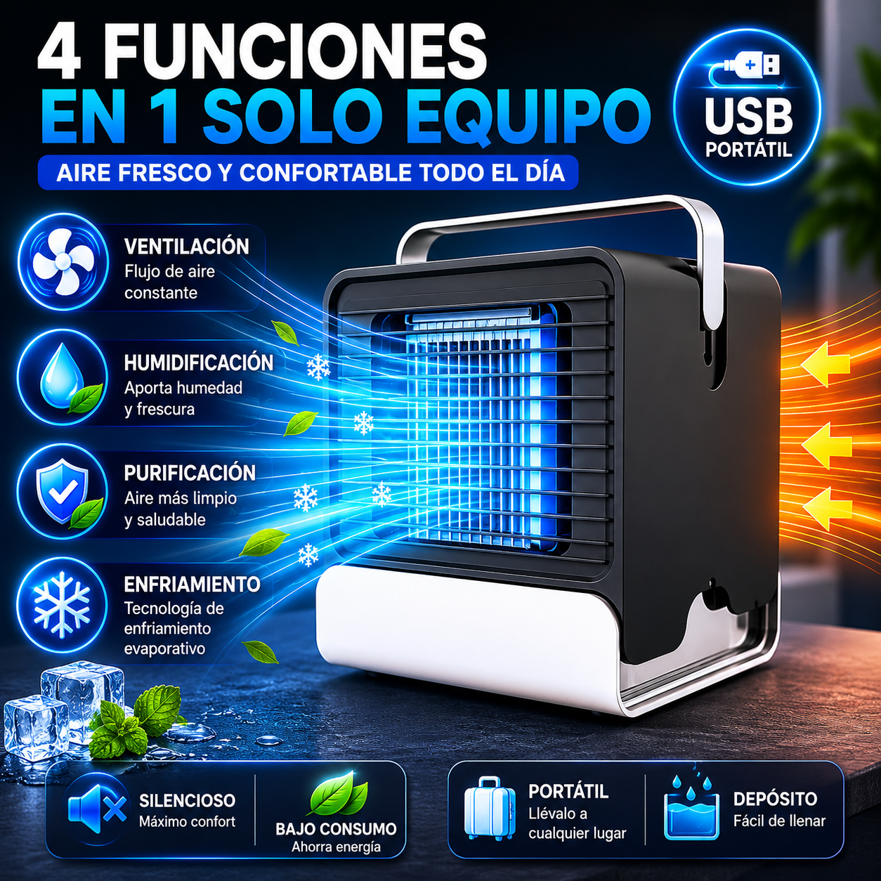 Mini Ventilador Enfriador USB con Iones Negativos 4 en 1