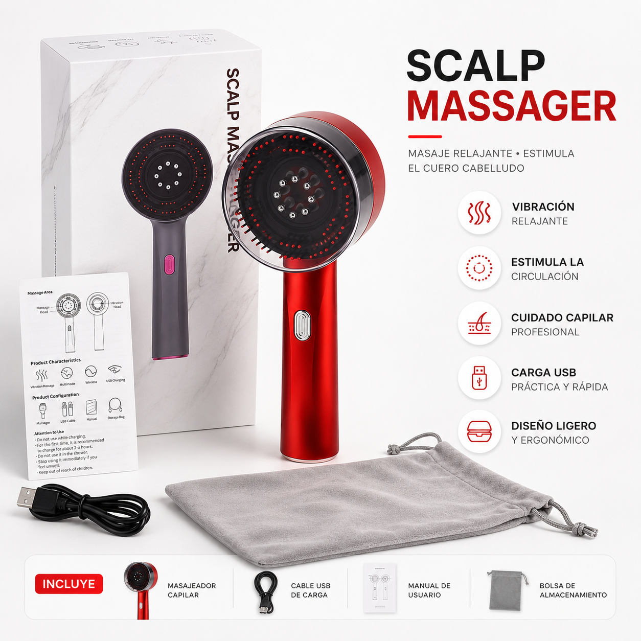 Cepillo Masajeador Capilar Eléctrico — Luz Roja + Vibración + Aplicador de Suero