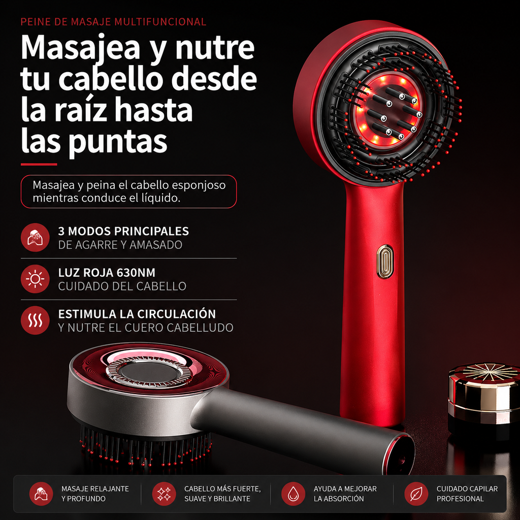 Cepillo Masajeador Capilar Eléctrico — Luz Roja + Vibración + Aplicador de Suero