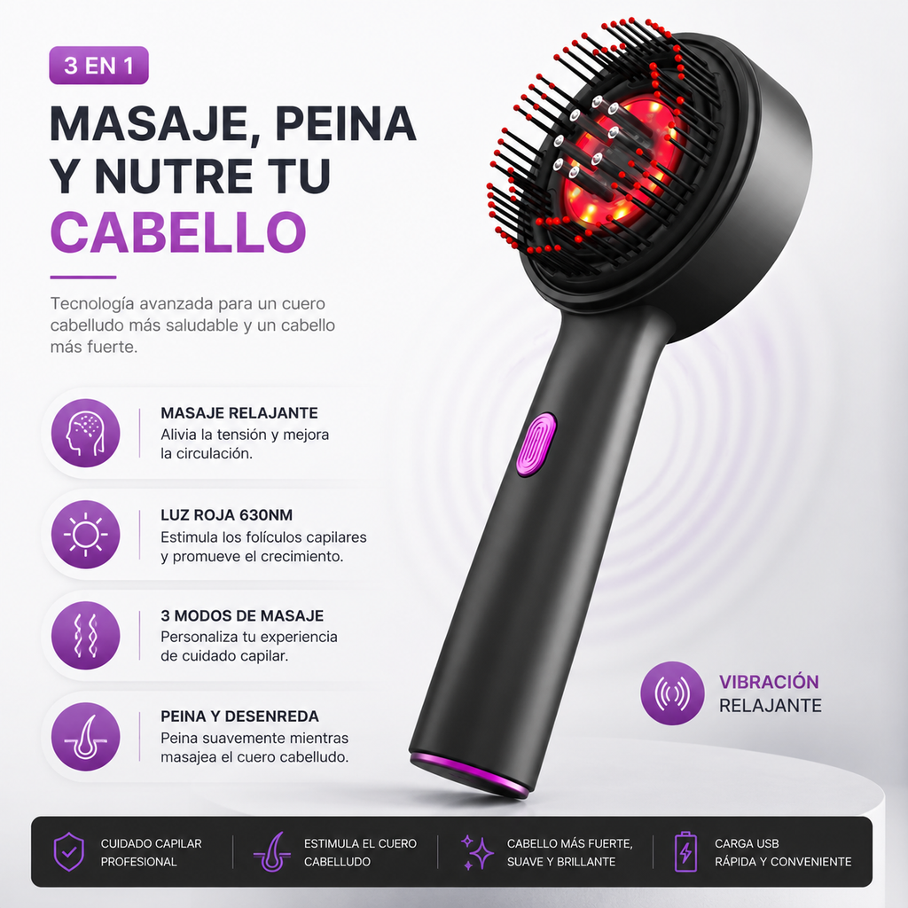 Cepillo Masajeador Capilar Eléctrico — Luz Roja + Vibración + Aplicador de Suero