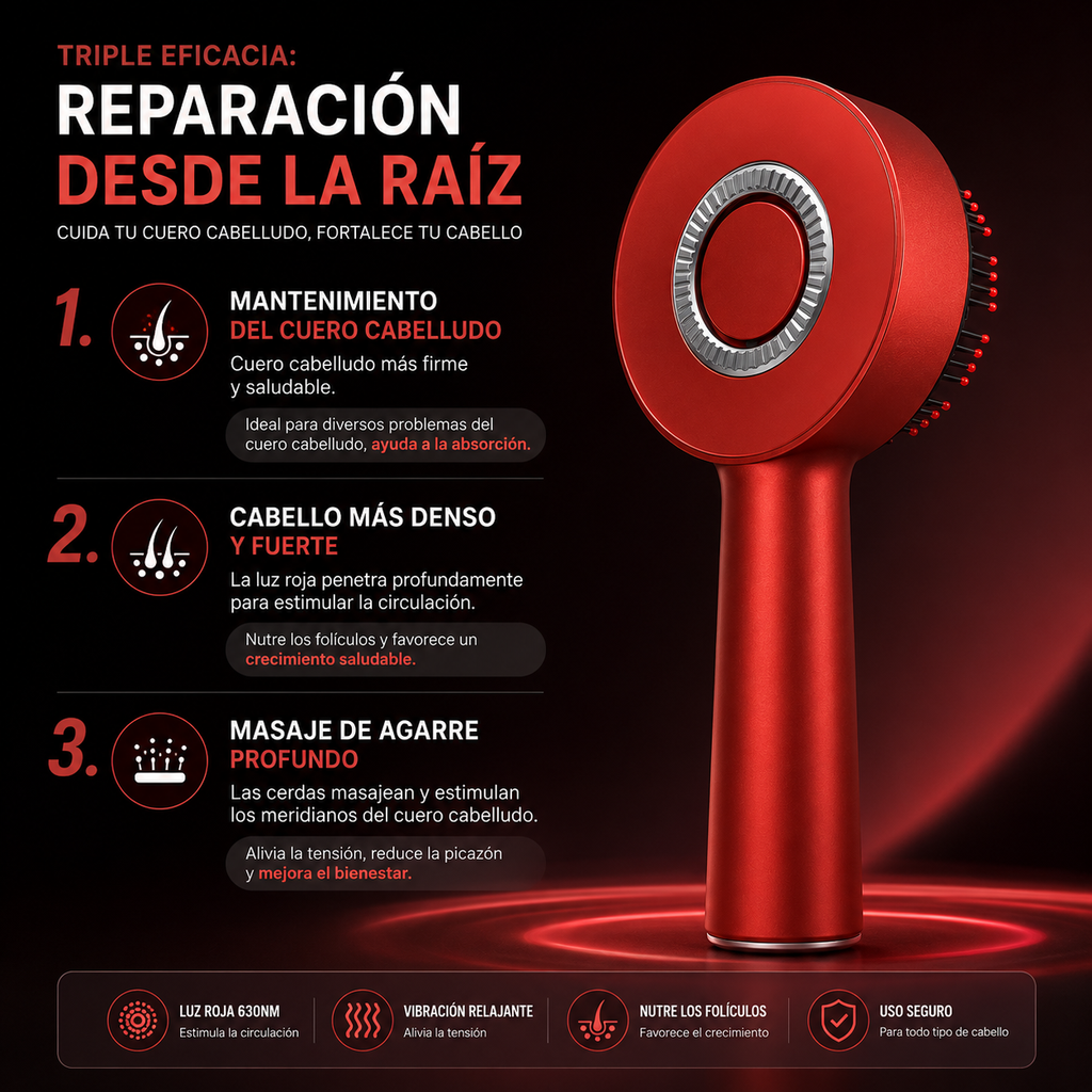 Cepillo Masajeador Capilar Eléctrico — Luz Roja + Vibración + Aplicador de Suero