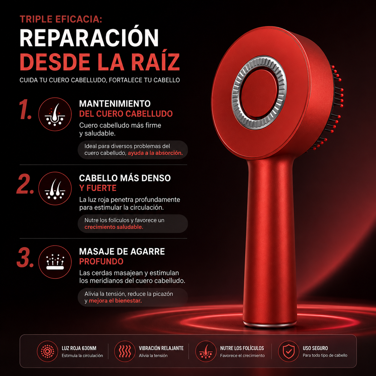 Cepillo Masajeador Capilar Eléctrico — Luz Roja + Vibración + Aplicador de Suero
