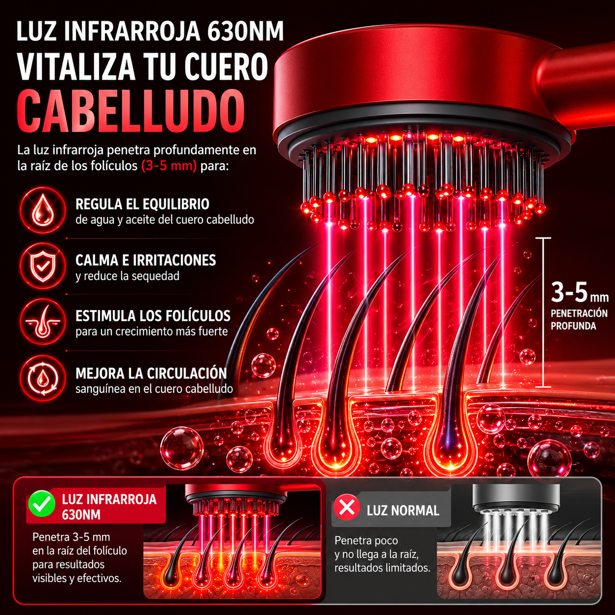 Cepillo Masajeador Capilar Eléctrico — Luz Roja + Vibración + Aplicador de Suero
