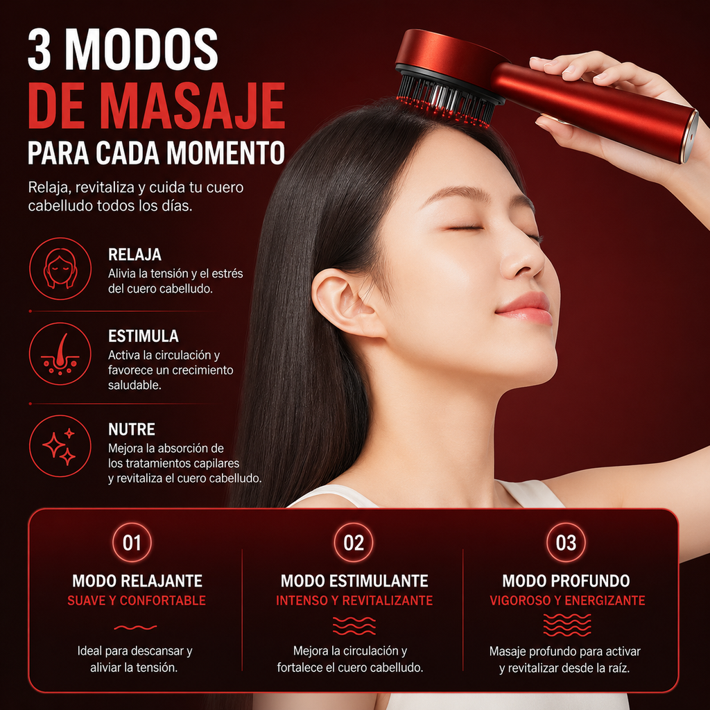 Cepillo Masajeador Capilar Eléctrico — Luz Roja + Vibración + Aplicador de Suero