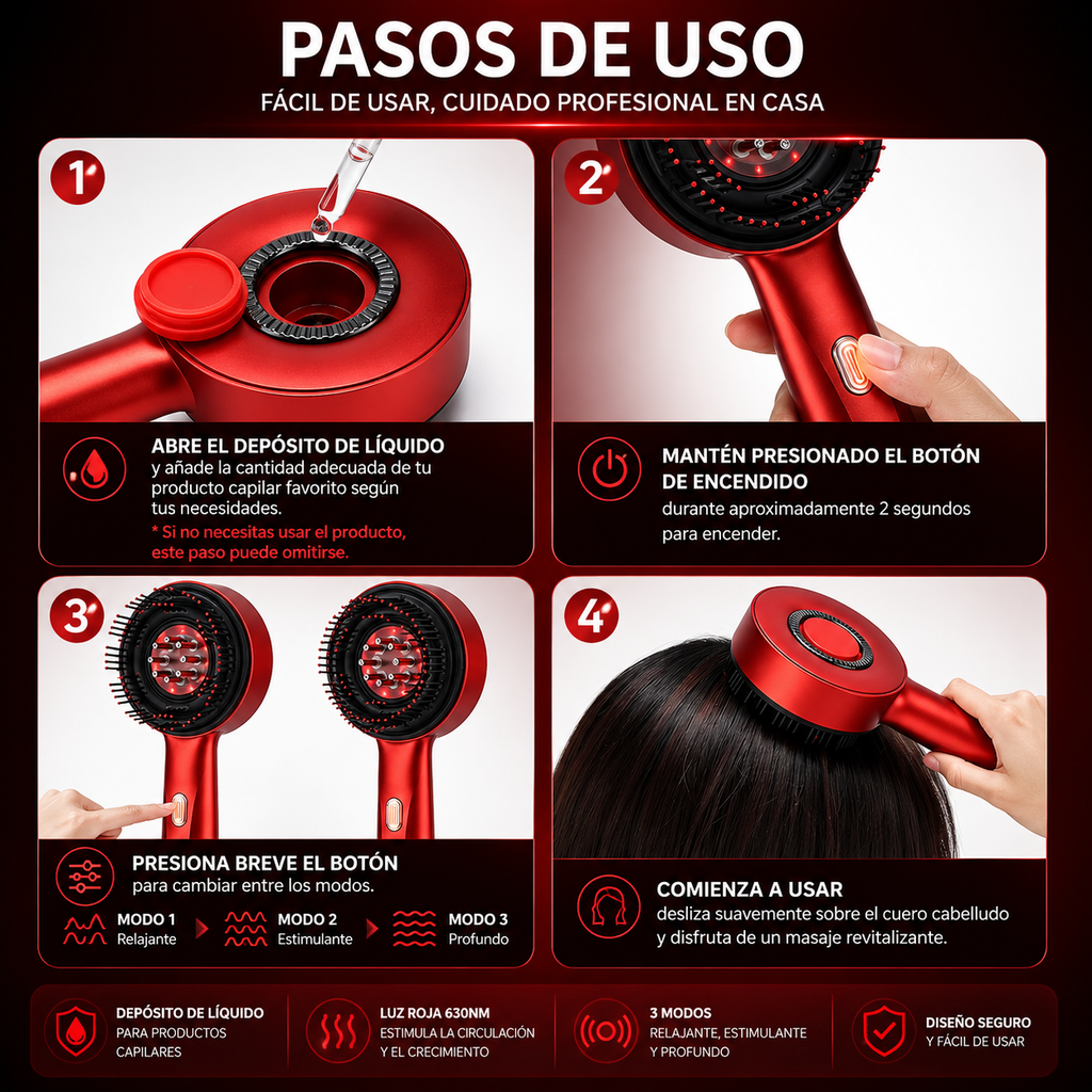 Cepillo Masajeador Capilar Eléctrico — Luz Roja + Vibración + Aplicador de Suero