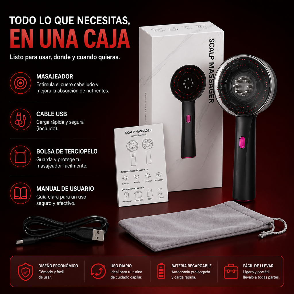 Cepillo Masajeador Capilar Eléctrico — Luz Roja + Vibración + Aplicador de Suero