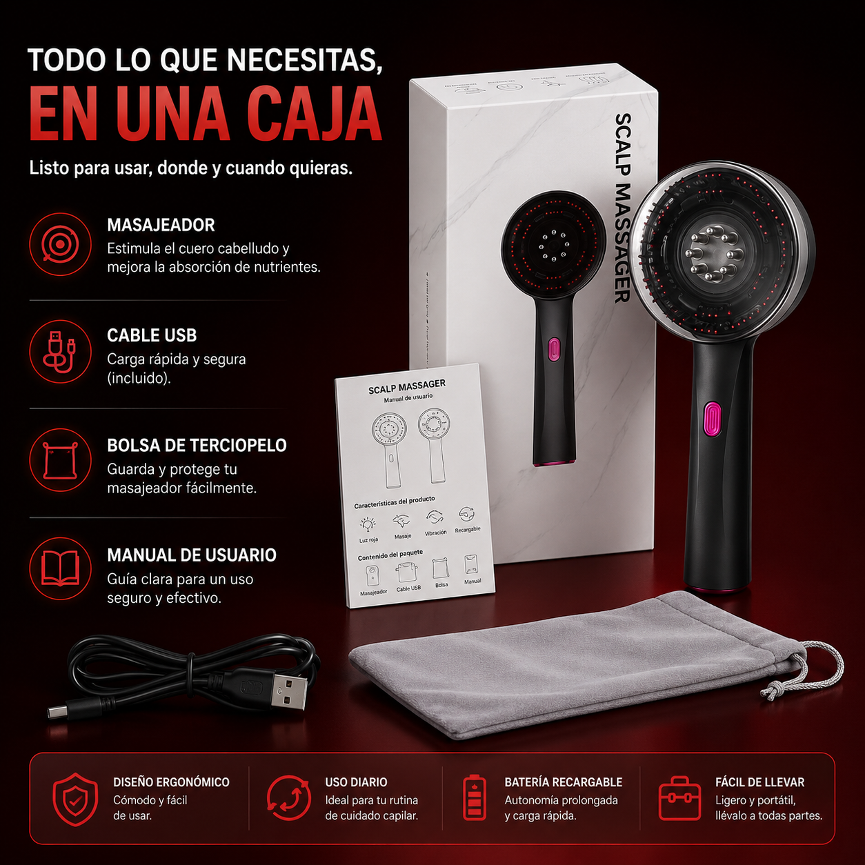 Cepillo Masajeador Capilar Eléctrico — Luz Roja + Vibración + Aplicador de Suero
