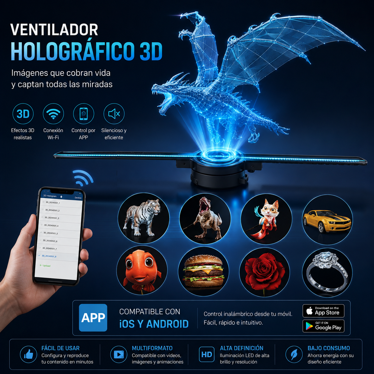 Ventilador Holográfico 3D 42CM | Proyector HD | Publicidad y Eventos | WiFi + App