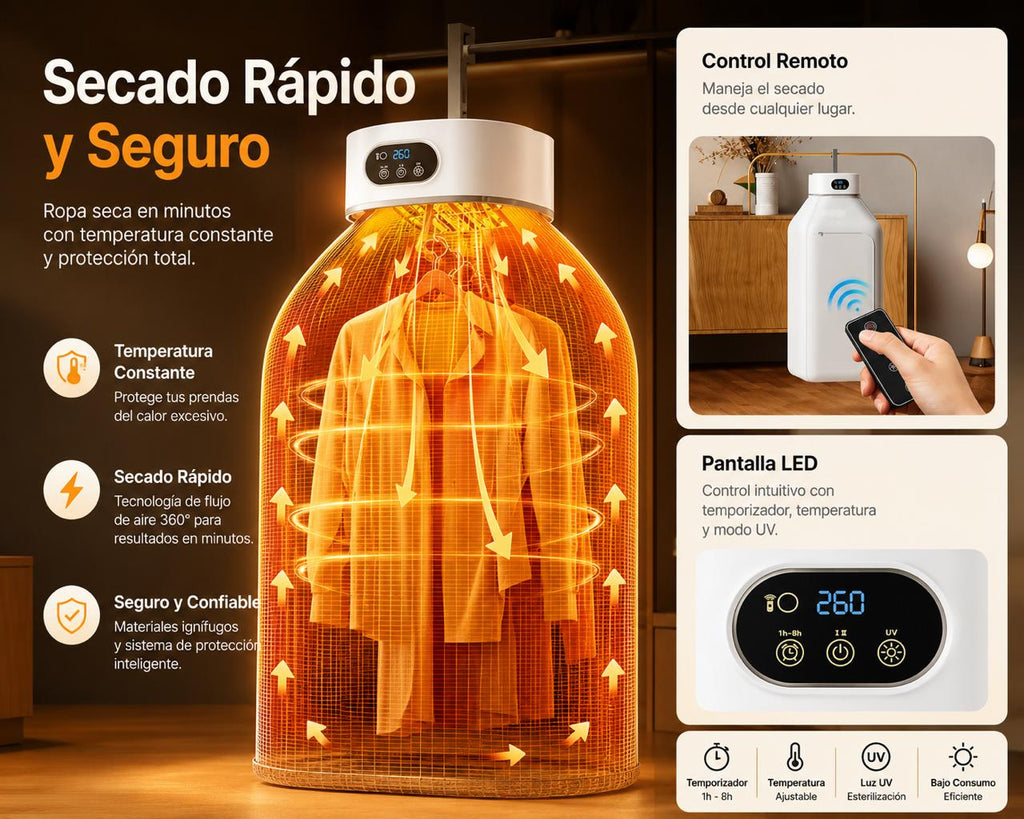Secadora de Ropa Portátil Plegable Eléctrica con Control Remoto y Temporizador Inteligente