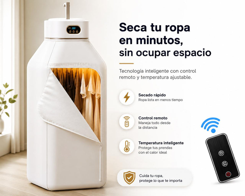 Secadora de Ropa Portátil Plegable Eléctrica con Control Remoto y Temporizador Inteligente