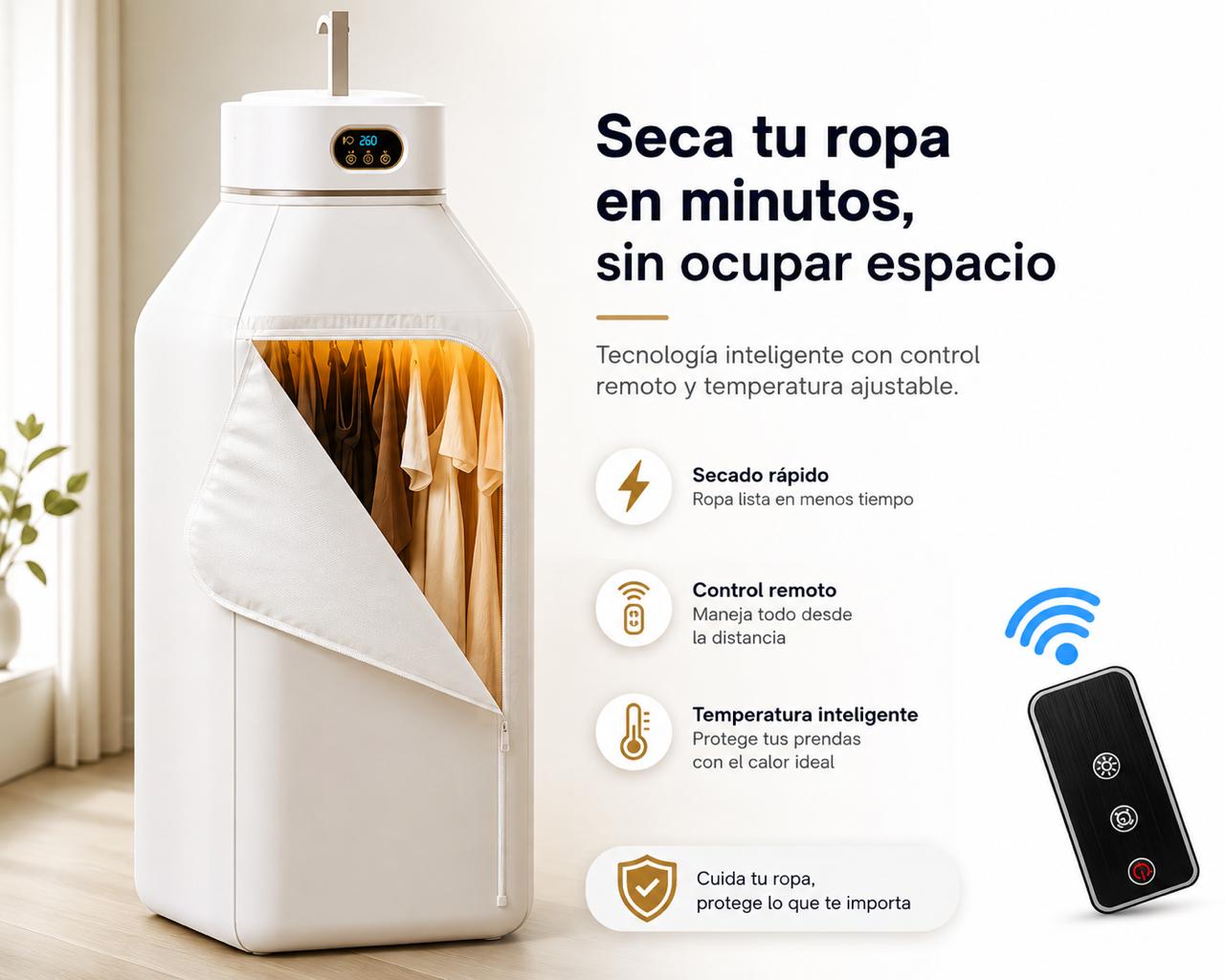 Secadora de Ropa Portátil Plegable Eléctrica con Control Remoto y Temporizador Inteligente