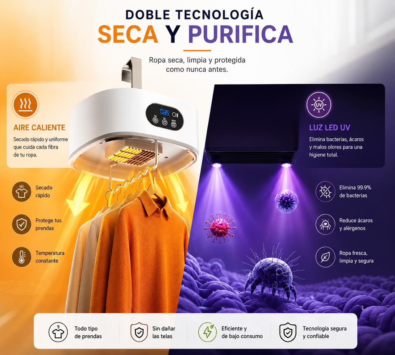Secadora de Ropa Portátil Plegable Eléctrica con Control Remoto y Temporizador Inteligente