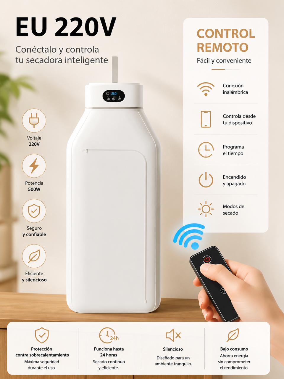 Secadora de Ropa Portátil Plegable Eléctrica con Control Remoto y Temporizador Inteligente