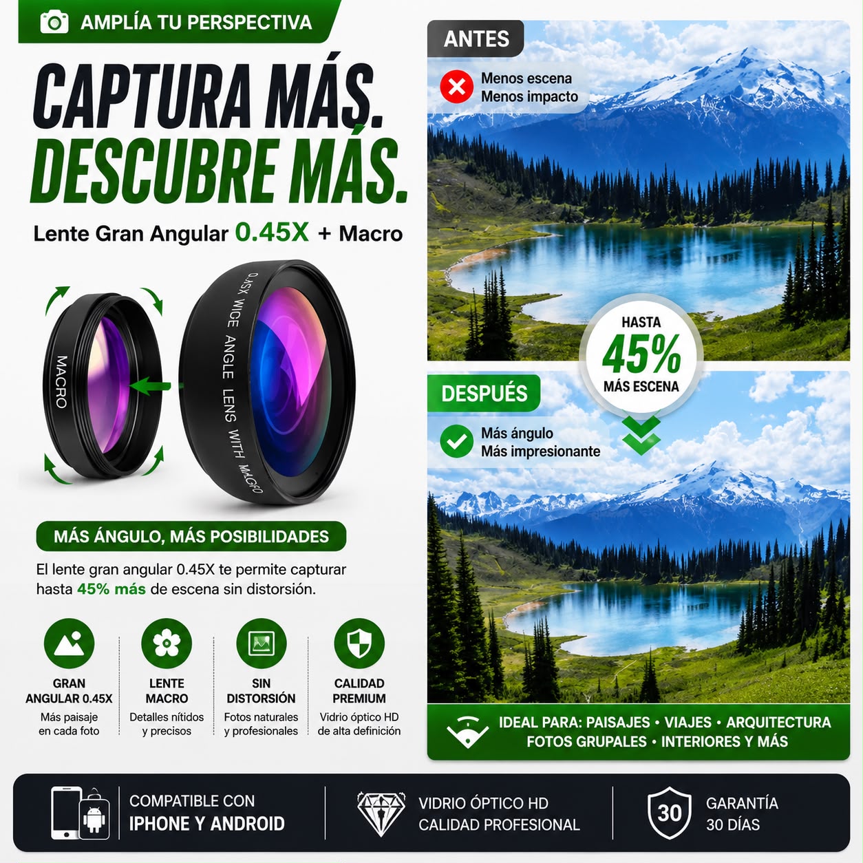 Kit de Lentes 2 en 1 para Celular – Gran Angular 0.45x + Macro HD 12.5x | Compatible iPhone, Samsung, Xiaomi y Android