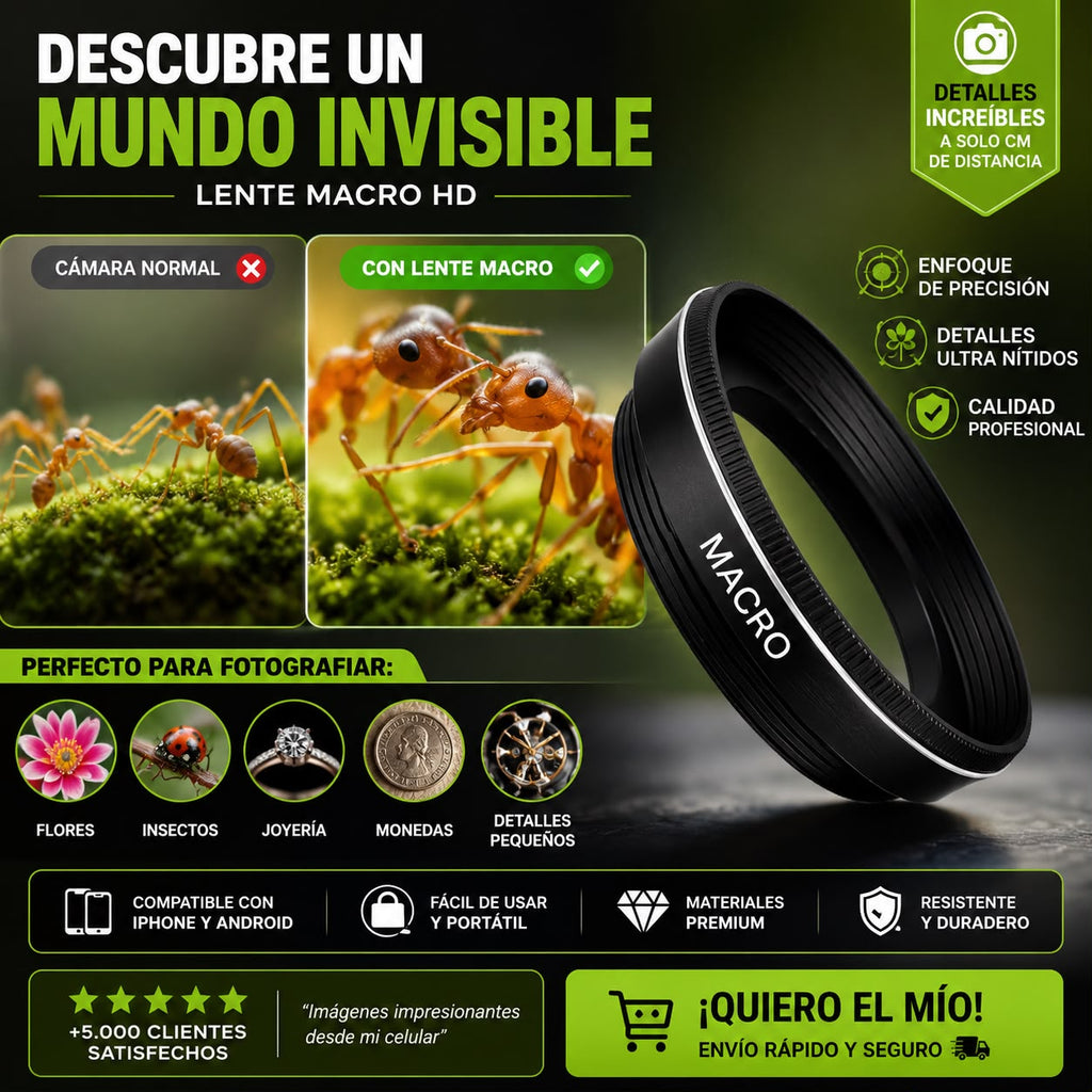 Kit de Lentes 2 en 1 para Celular – Gran Angular 0.45x + Macro HD 12.5x | Compatible iPhone, Samsung, Xiaomi y Android
