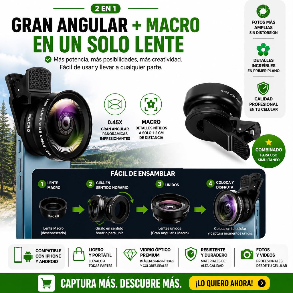 Kit de Lentes 2 en 1 para Celular – Gran Angular 0.45x + Macro HD 12.5x | Compatible iPhone, Samsung, Xiaomi y Android