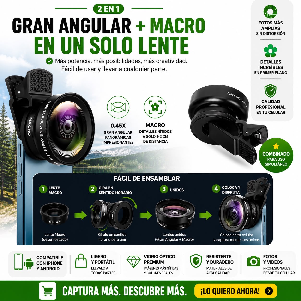 Kit de Lentes 2 en 1 para Celular – Gran Angular 0.45x + Macro HD 12.5x | Compatible iPhone, Samsung, Xiaomi y Android