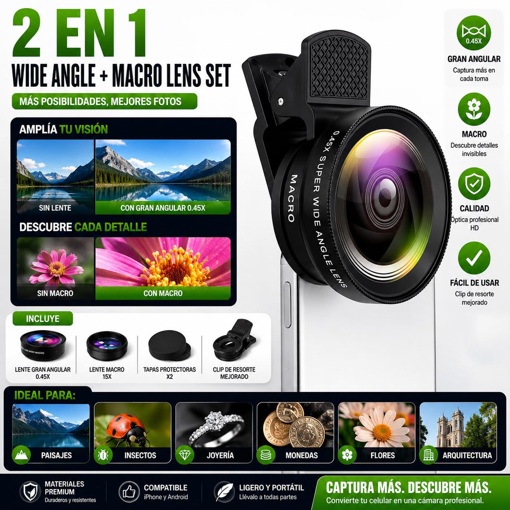 Kit de Lentes 2 en 1 para Celular – Gran Angular 0.45x + Macro HD 12.5x | Compatible iPhone, Samsung, Xiaomi y Android