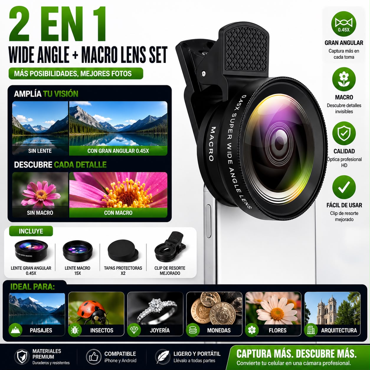Kit de Lentes 2 en 1 para Celular – Gran Angular 0.45x + Macro HD 12.5x | Compatible iPhone, Samsung, Xiaomi y Android