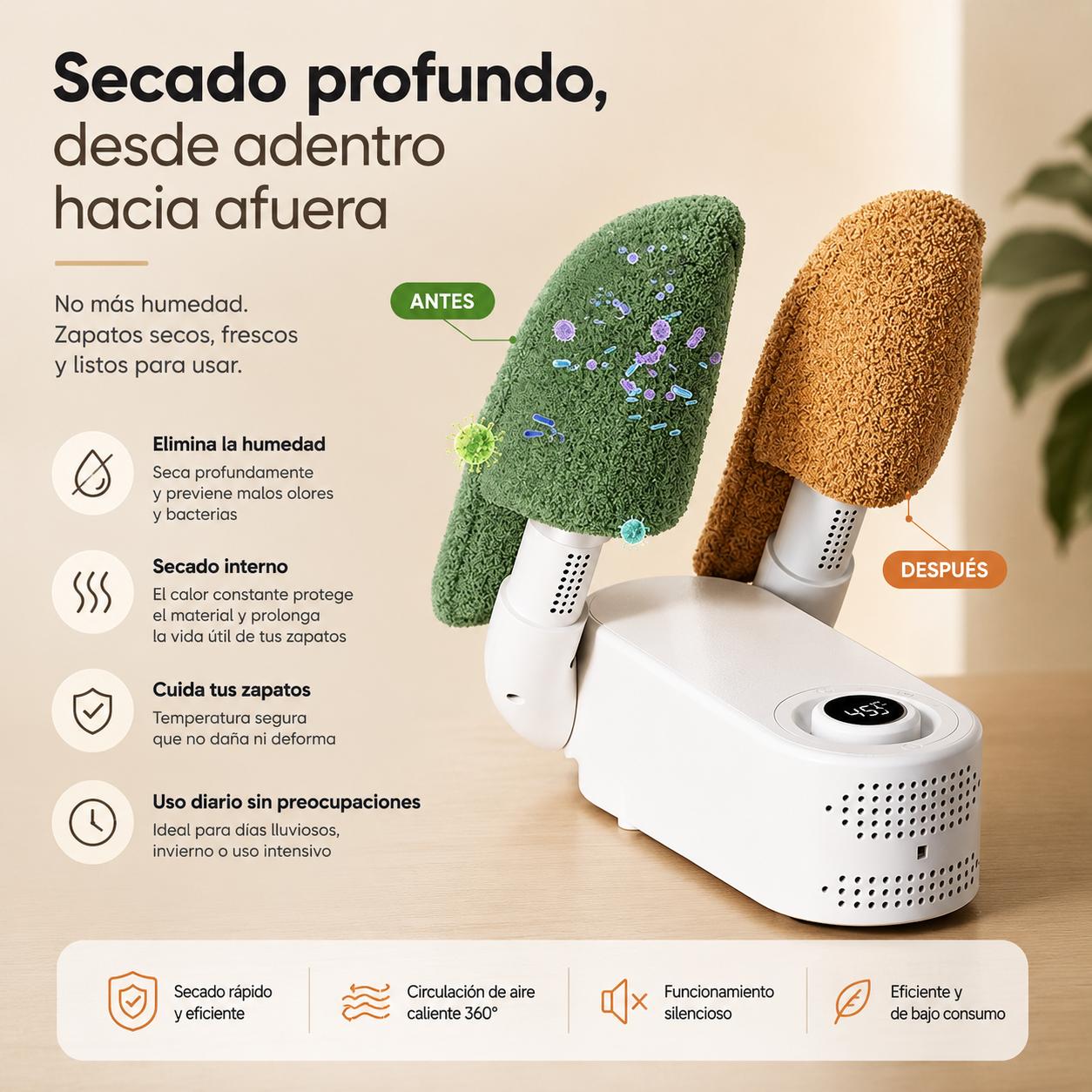 Secador de Zapatos y Botas Eléctrico con Aire Caliente - Tubos Telescópicos Flexibles, Temporizador Inteligente y Elimina Olores