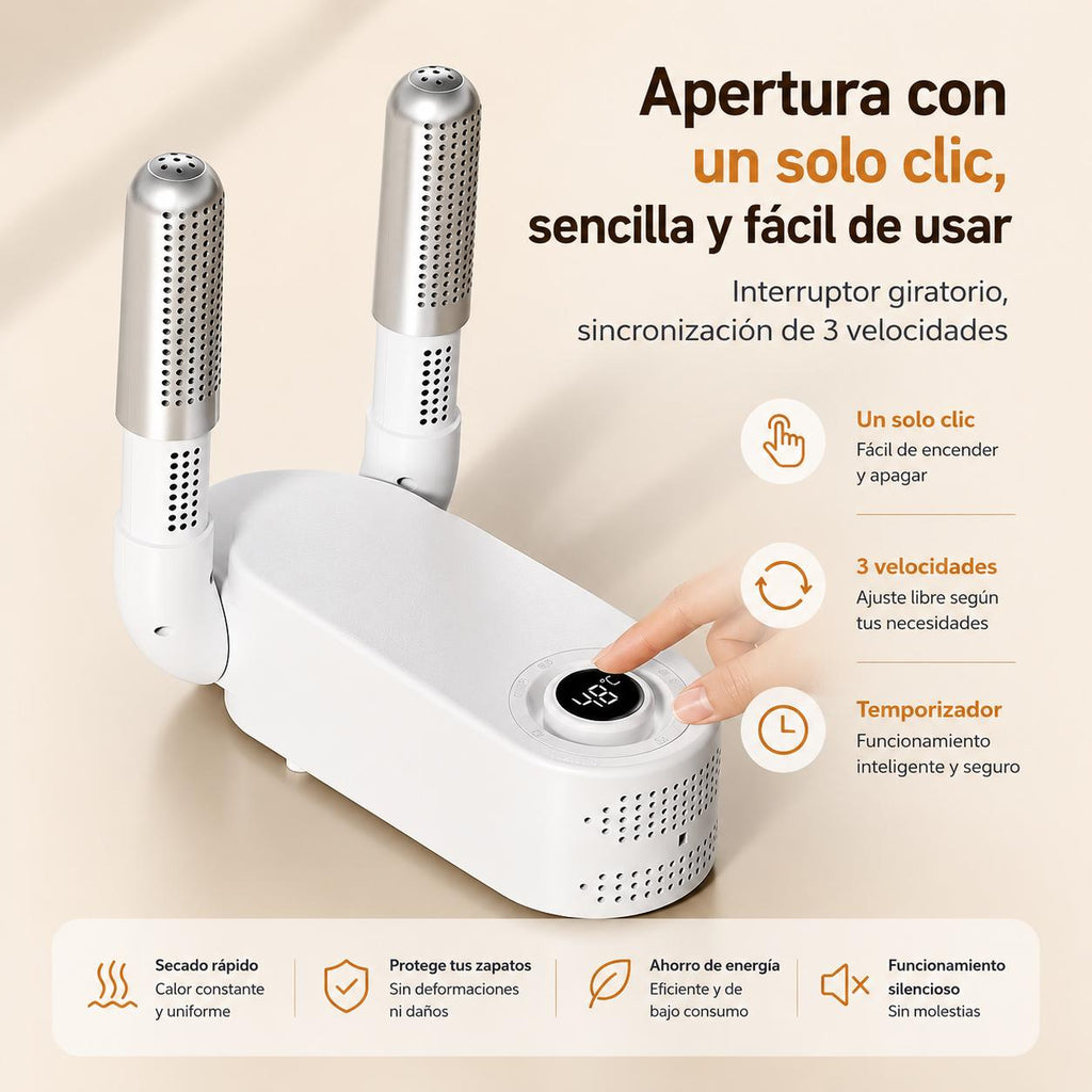Secador de Zapatos y Botas Eléctrico con Aire Caliente - Tubos Telescópicos Flexibles, Temporizador Inteligente y Elimina Olores