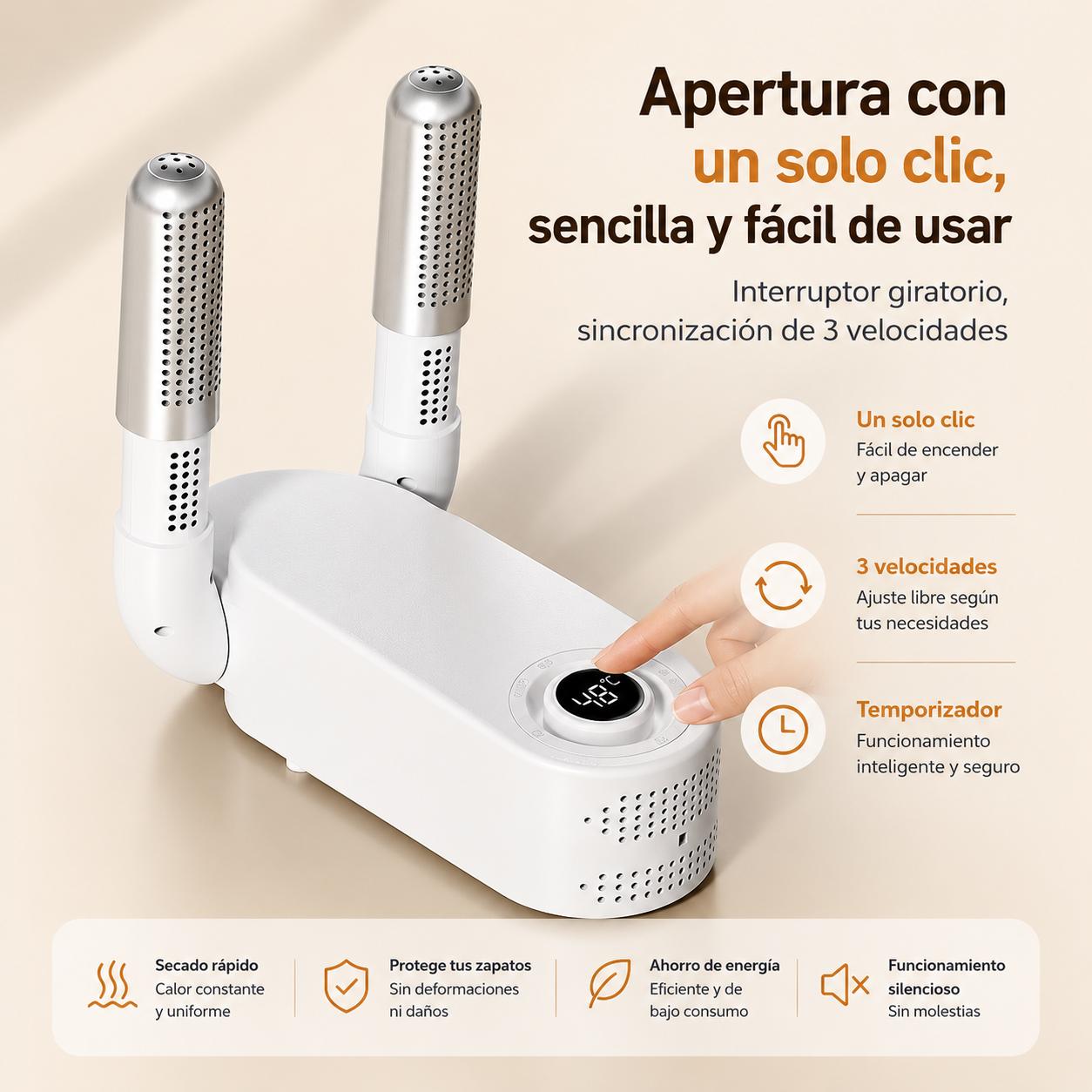 Secador de Zapatos y Botas Eléctrico con Aire Caliente - Tubos Telescópicos Flexibles, Temporizador Inteligente y Elimina Olores