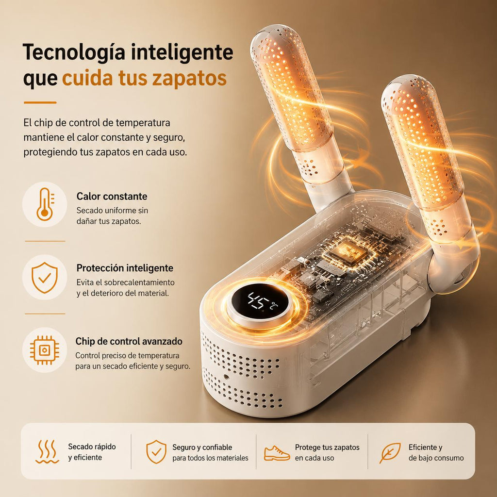 Secador de Zapatos y Botas Eléctrico con Aire Caliente - Tubos Telescópicos Flexibles, Temporizador Inteligente y Elimina Olores