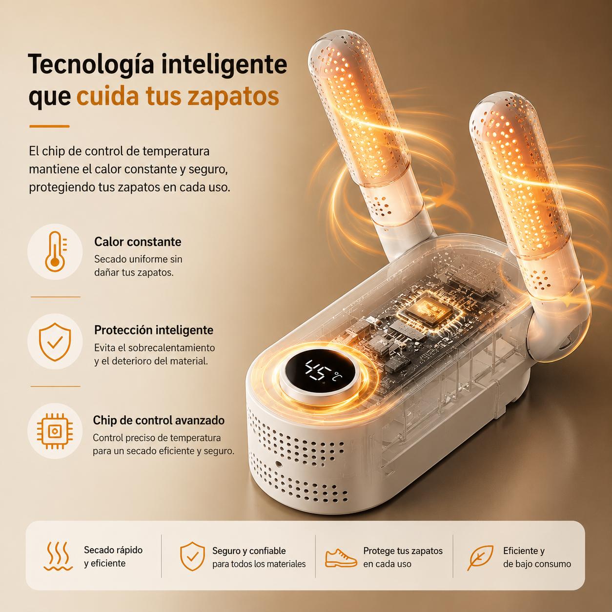 Secador de Zapatos y Botas Eléctrico con Aire Caliente - Tubos Telescópicos Flexibles, Temporizador Inteligente y Elimina Olores