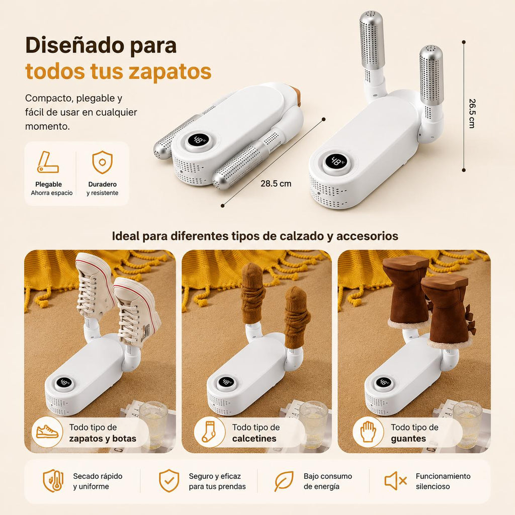 Secador de Zapatos y Botas Eléctrico con Aire Caliente - Tubos Telescópicos Flexibles, Temporizador Inteligente y Elimina Olores