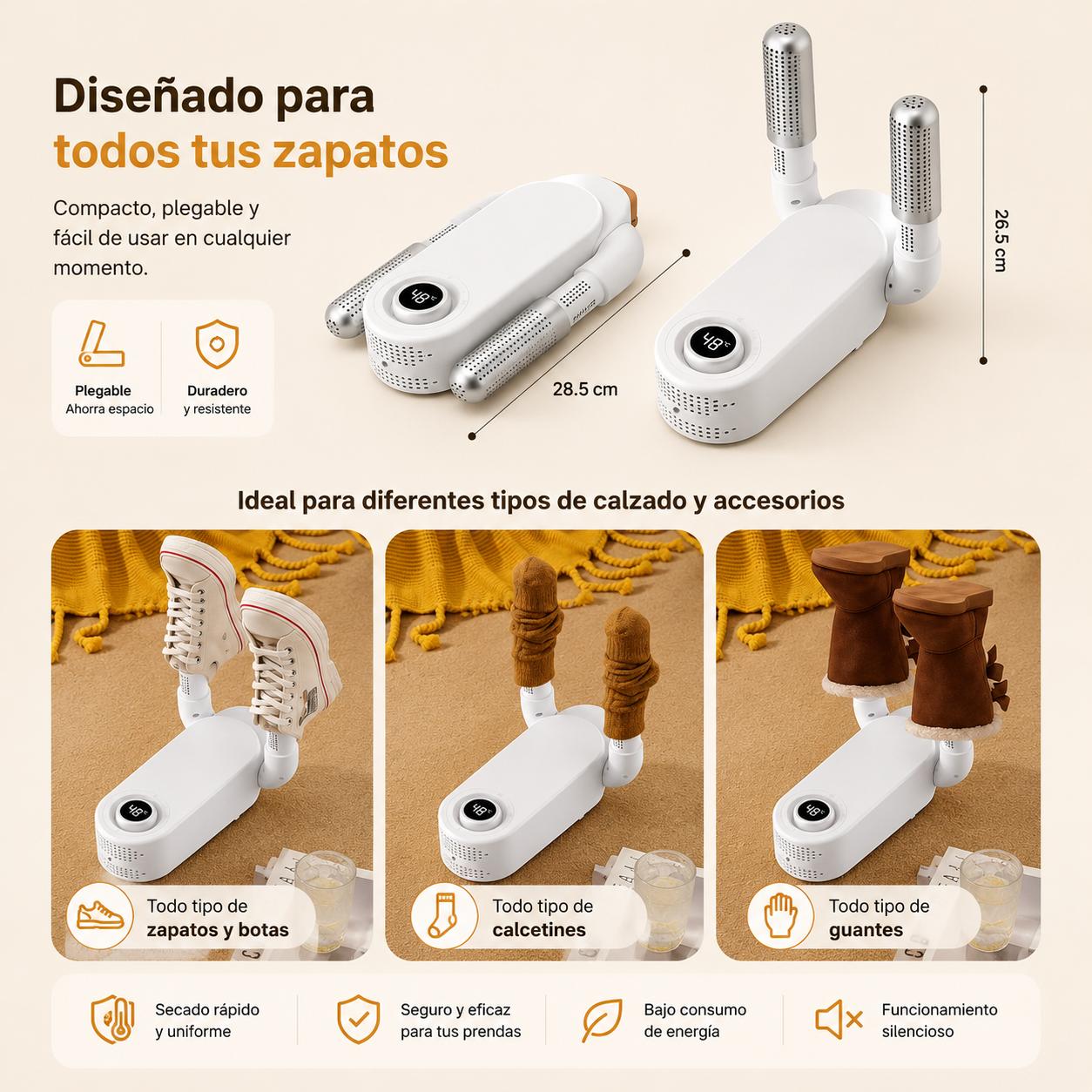 Secador de Zapatos y Botas Eléctrico con Aire Caliente - Tubos Telescópicos Flexibles, Temporizador Inteligente y Elimina Olores