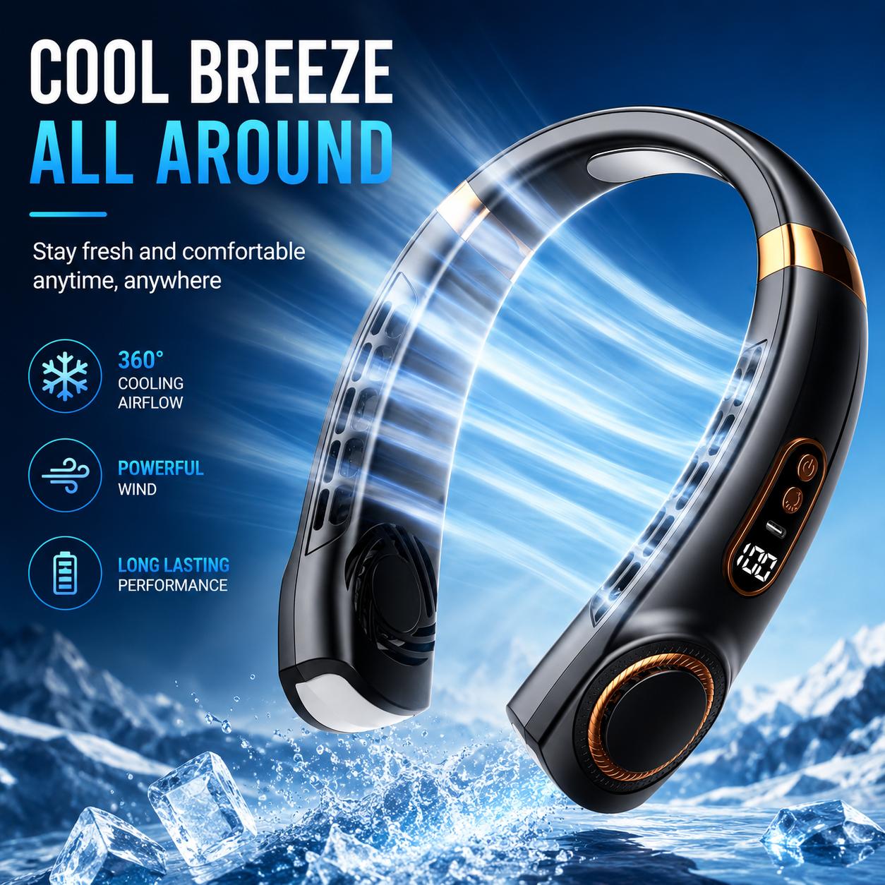 Ventilador de Cuello Portátil USB Recargable - Sin Aspas, Pantalla LED Digital y 5 Velocidades