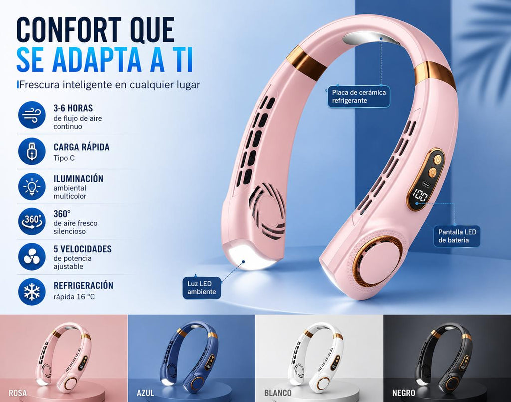 Ventilador de Cuello Portátil USB Recargable - Sin Aspas, Pantalla LED Digital y 5 Velocidades