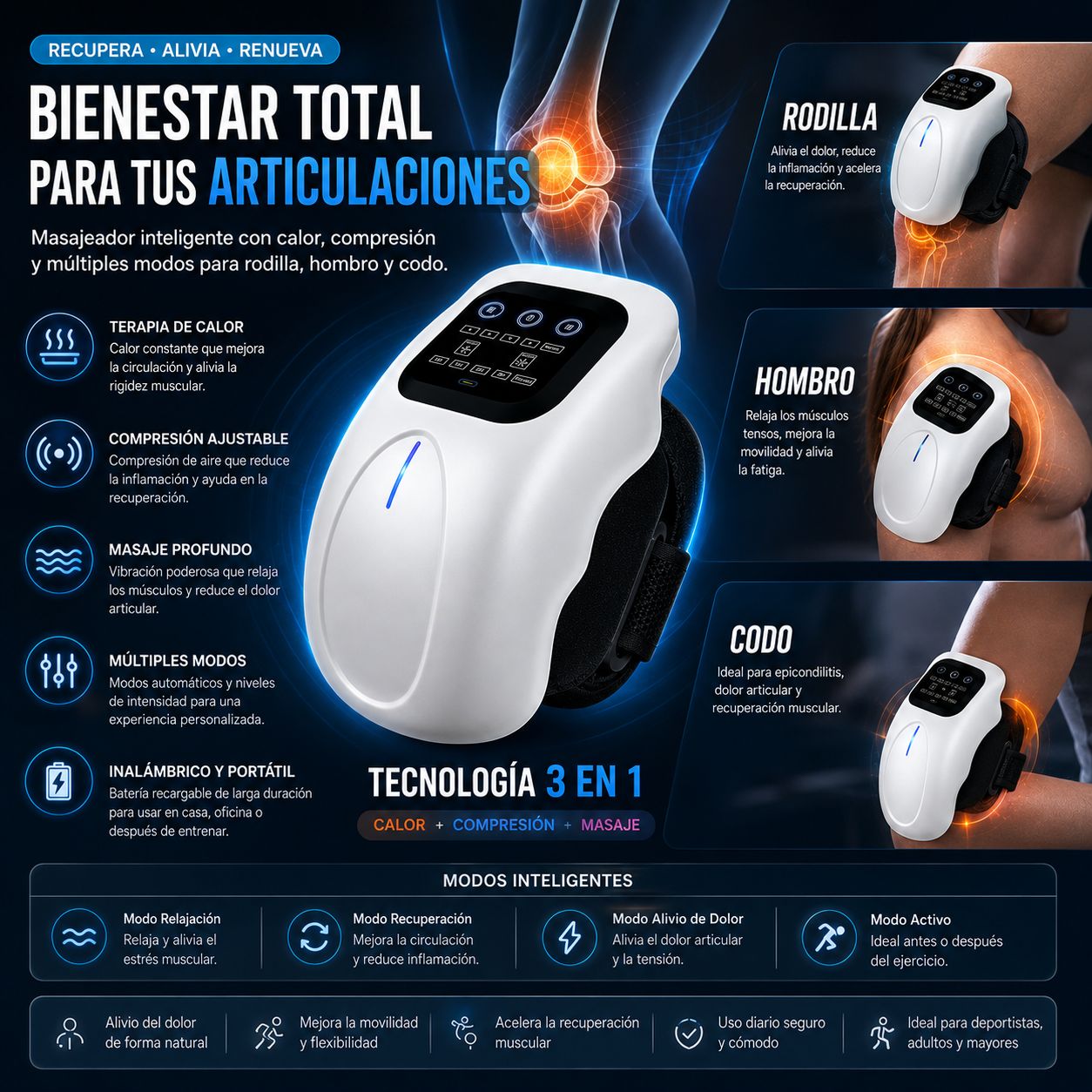 Masajeador de Rodilla con Calor y Compresión 3D – Alivio de Dolor Articular, Recargable USB