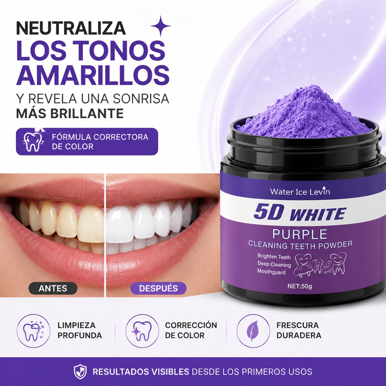 Polvo Blanqueador Dental Morado 5D White - Blanqueamiento en 5 Días Sin Sulfatos