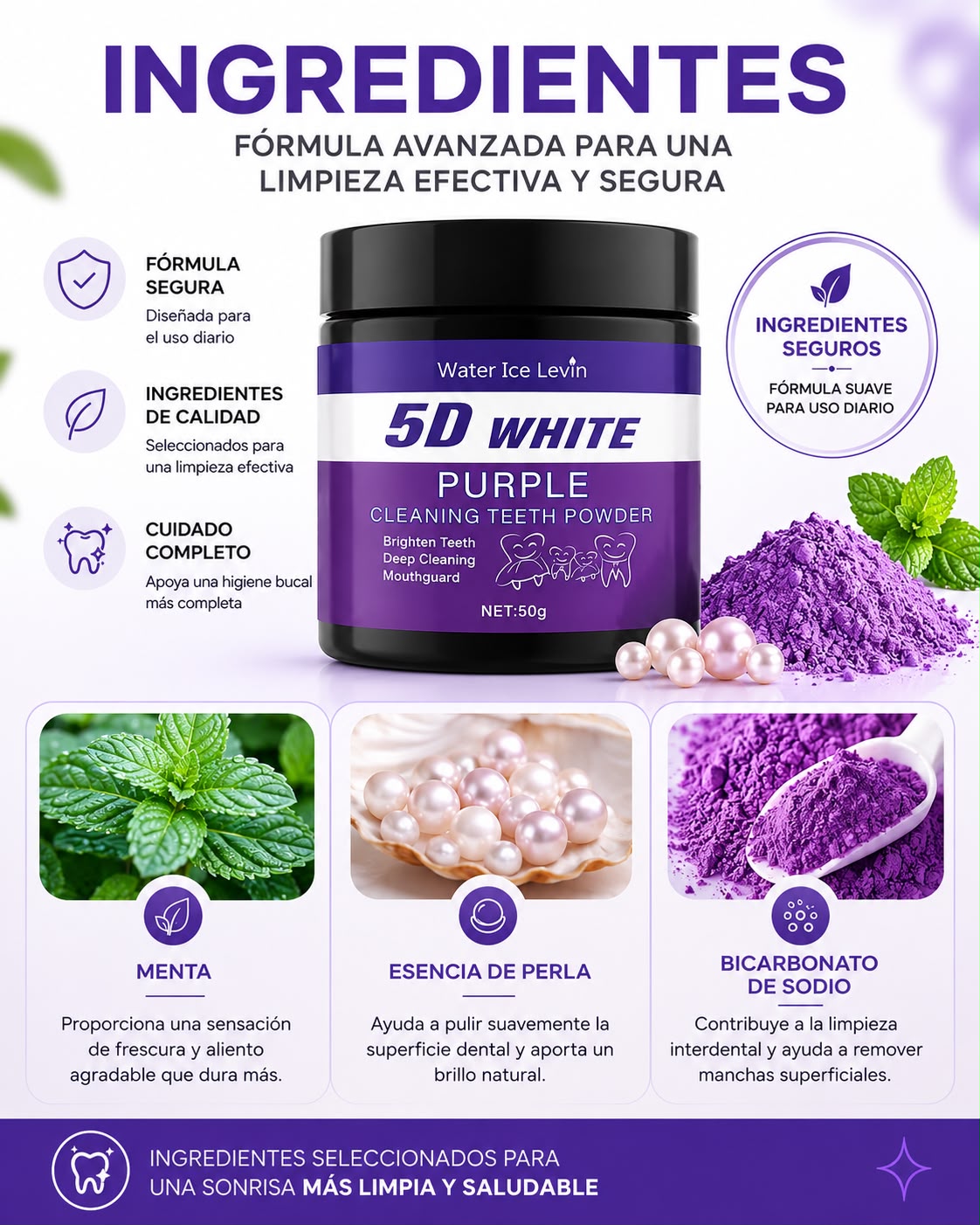 Polvo Blanqueador Dental Morado 5D White - Blanqueamiento en 5 Días Sin Sulfatos