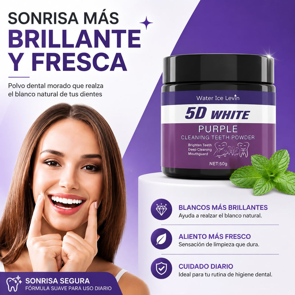 Polvo Blanqueador Dental Morado 5D White - Blanqueamiento en 5 Días Sin Sulfatos