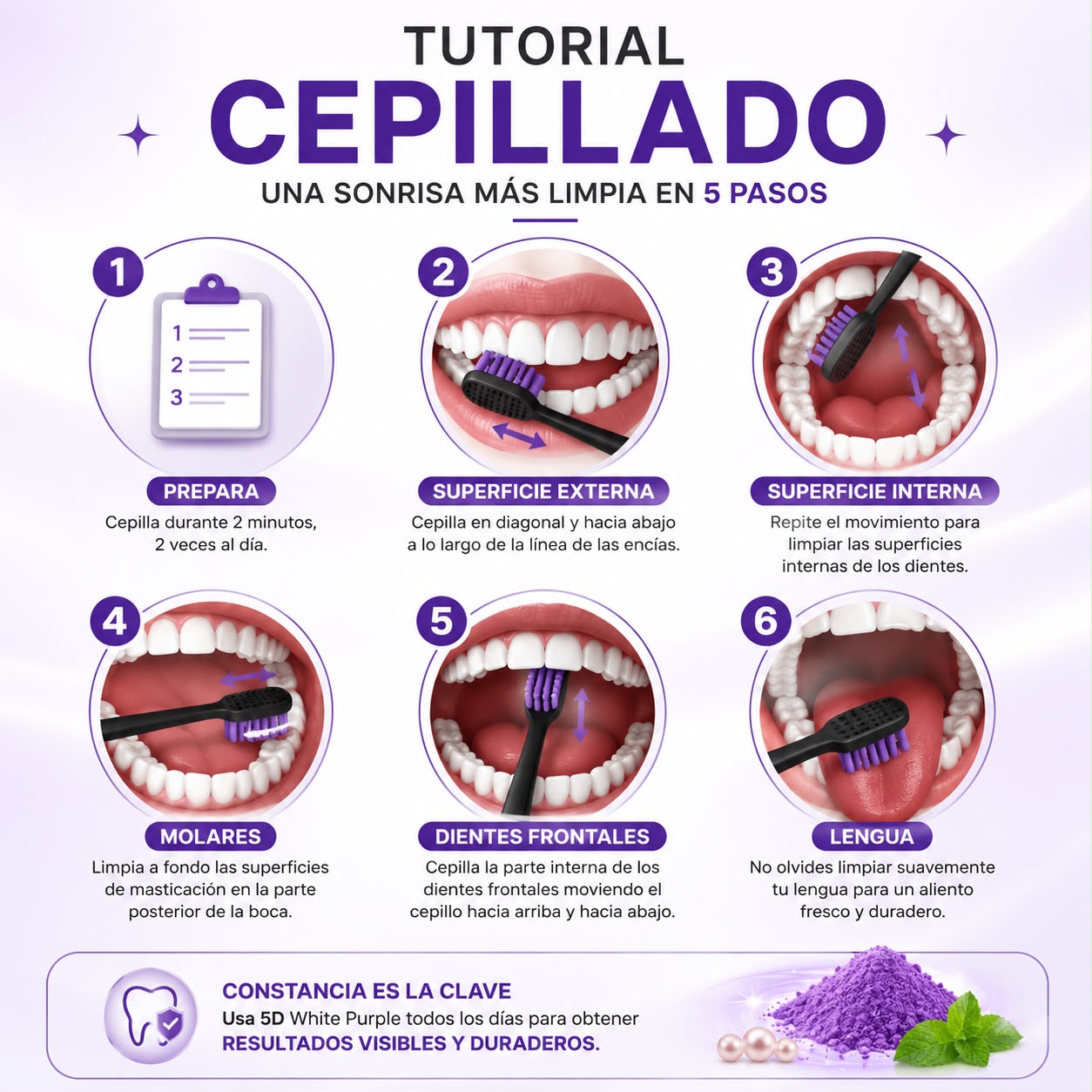 Polvo Blanqueador Dental Morado 5D White - Blanqueamiento en 5 Días Sin Sulfatos