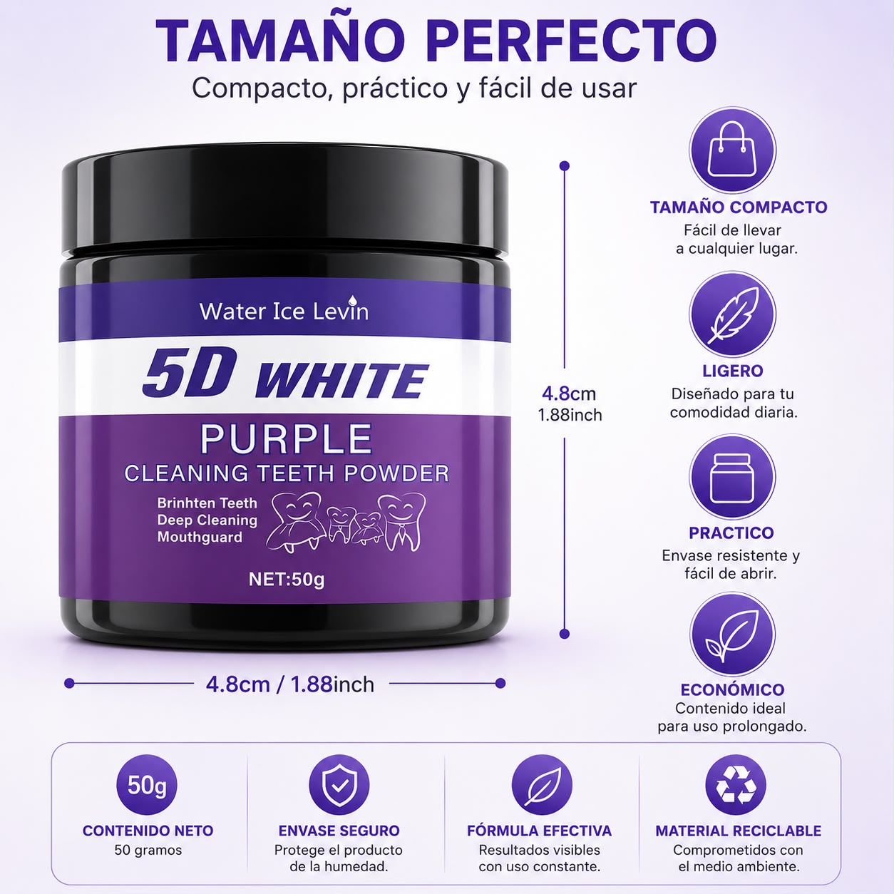 Polvo Blanqueador Dental Morado 5D White - Blanqueamiento en 5 Días Sin Sulfatos