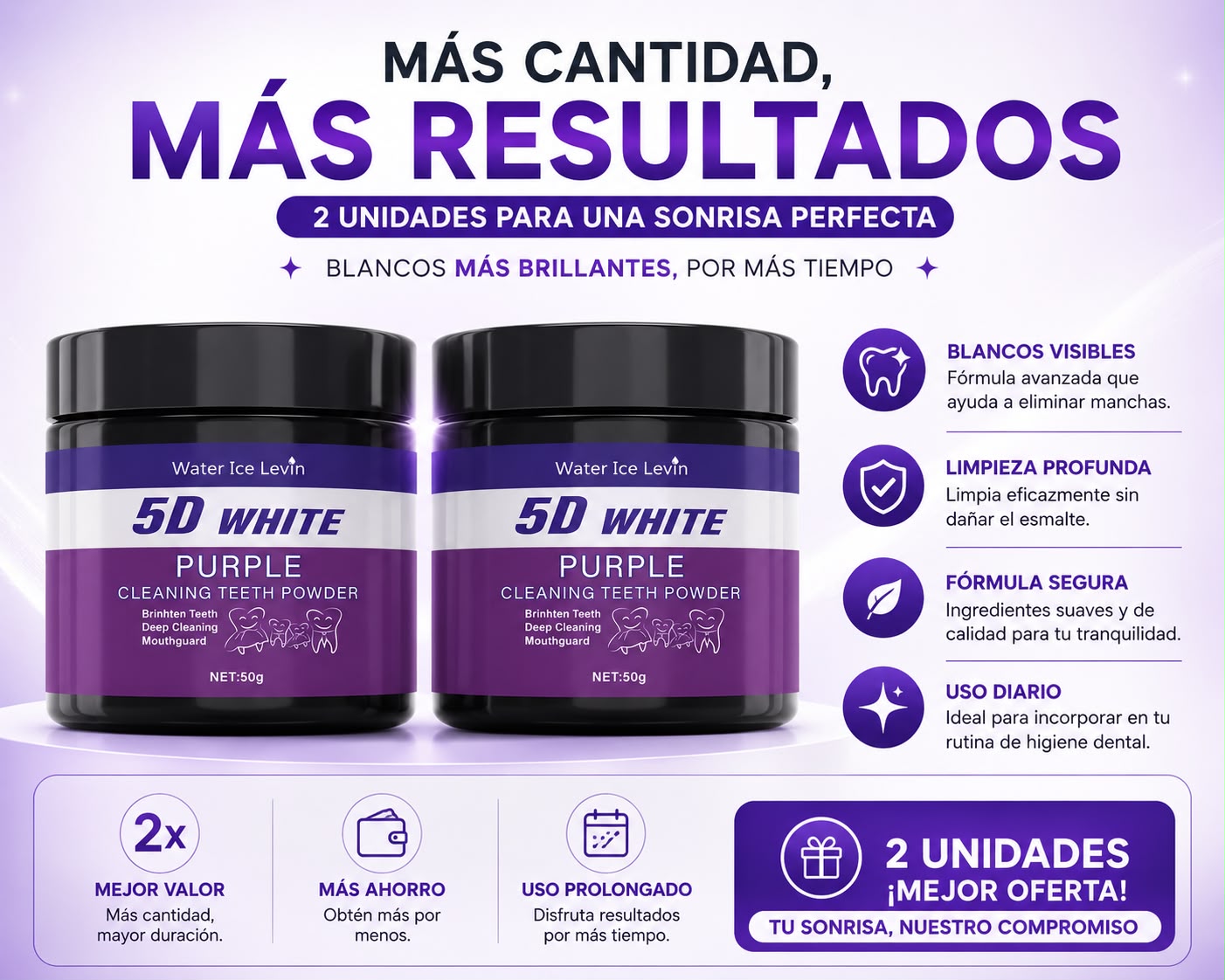 Polvo Blanqueador Dental Morado 5D White - Blanqueamiento en 5 Días Sin Sulfatos